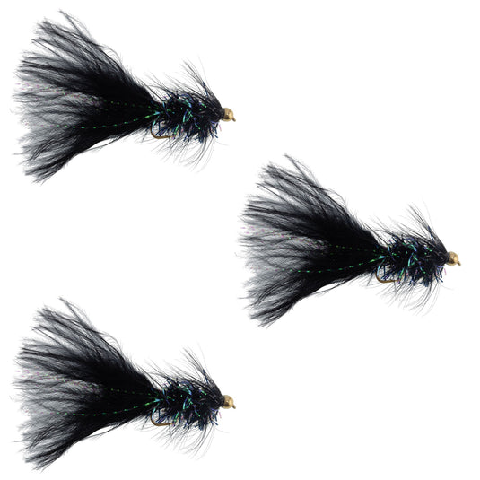 3 Pack Black Bead Head Crystal Woolly Bugger Streamer -  Size 8