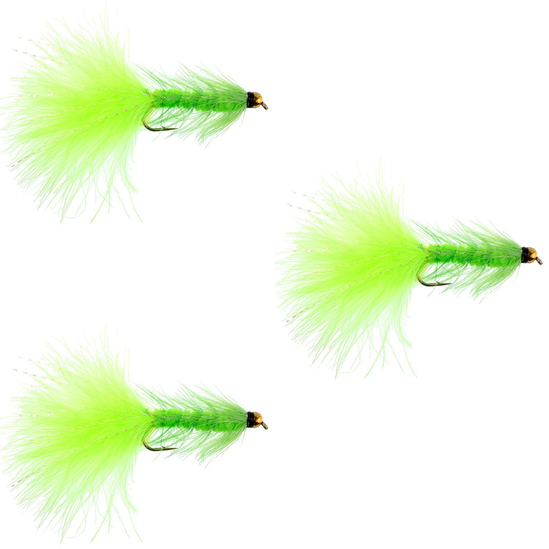Load image into Gallery viewer, 3 Pack Chartreuse Bead Head Crystal Woolly Bugger Streamer Fly - Size 4
