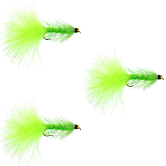 3 Pack Chartreuse Bead Head Crystal Woolly Bugger Streamer Fly - Size 4