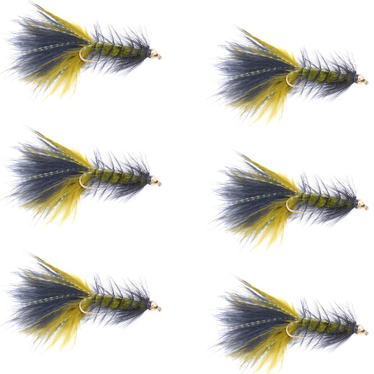 Olive Black Bead Head Crystal Woolly Bugger Streamer - 6 Flies - Size 8