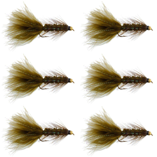 Dark Olive Bead Head Crystal Woolly Bugger Classic Streamer Flies - Set of 6 Trout Fly Fishing Flies - Hook Size 8 - Skoutley Outdoors LLC