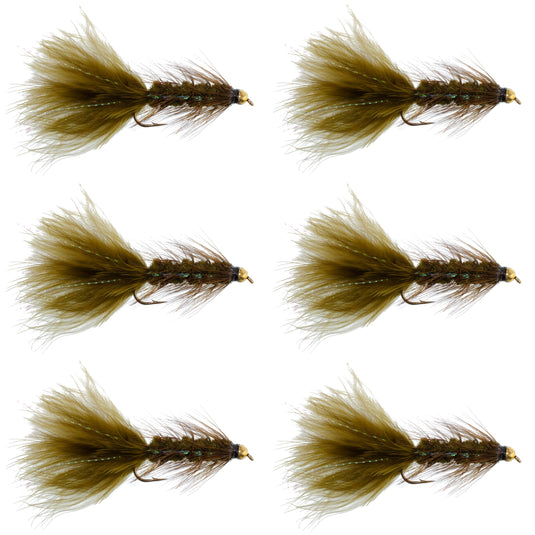 Dark Olive Bead Head Crystal Woolly Bugger Streamer - 6 Flies - Size 8