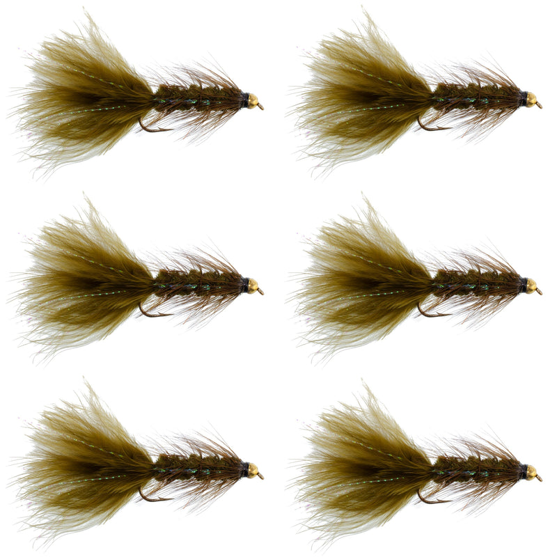 Load image into Gallery viewer, Dark Olive Bead Head Crystal Woolly Bugger Streamer Fly - 6 Flies - Size 4
