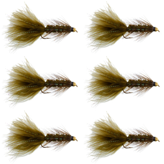 Dark Olive Bead Head Crystal Woolly Bugger Streamer Fly - 6 Flies - Size 4