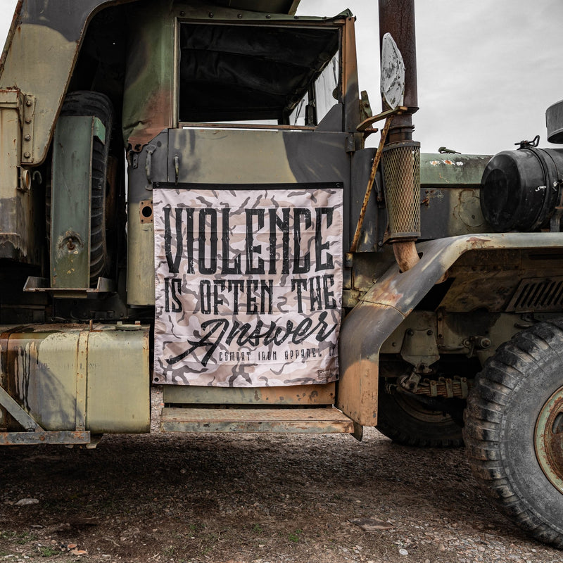Load image into Gallery viewer, Violence Is Often The Answer 3&#39;x3&#39; Camo Flag
