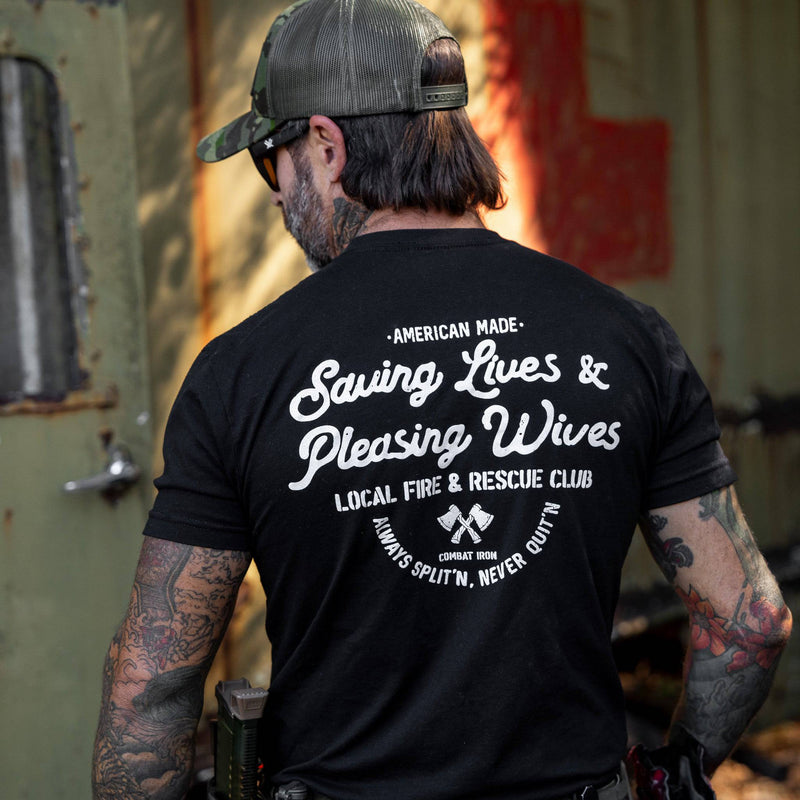 Load image into Gallery viewer, Saving Lives &amp; Pleasing Wives Fire &amp; Rescue Club Men&#39;s T-Shirt
