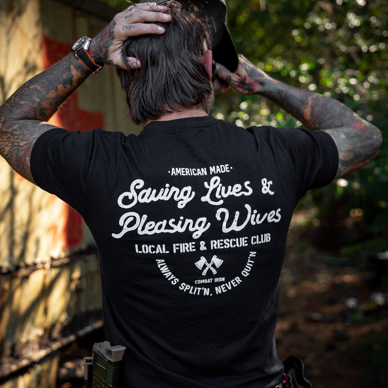 Load image into Gallery viewer, Saving Lives &amp; Pleasing Wives Fire &amp; Rescue Club Men's T-Shirt
