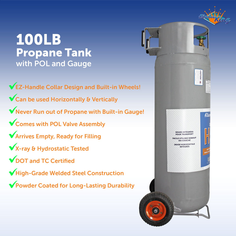 Load image into Gallery viewer, Flame King 100lb Empty Horizontal &amp; Vertical Propane Cylinder with POL &amp; Wheels
