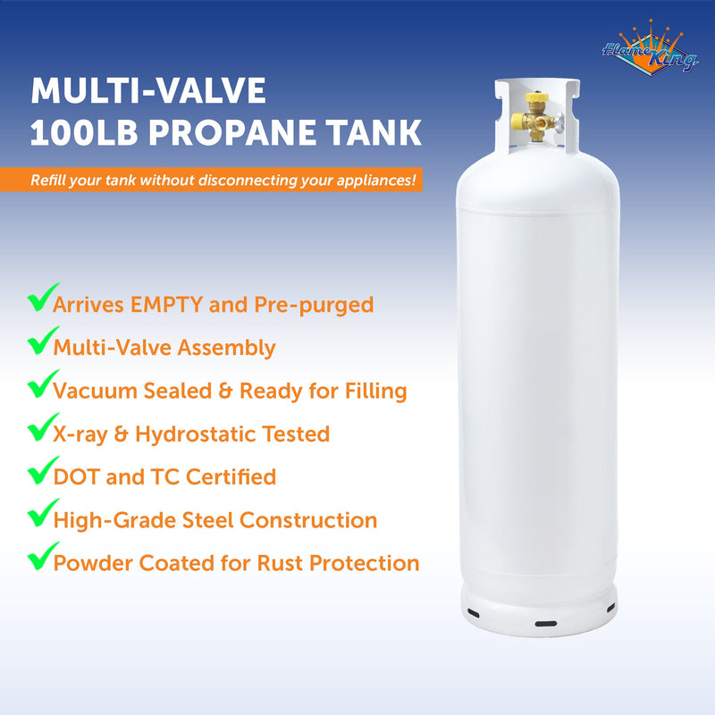 Load image into Gallery viewer, Flame King 100LB Multi-Valve Propane Tank High Capacity Filler
