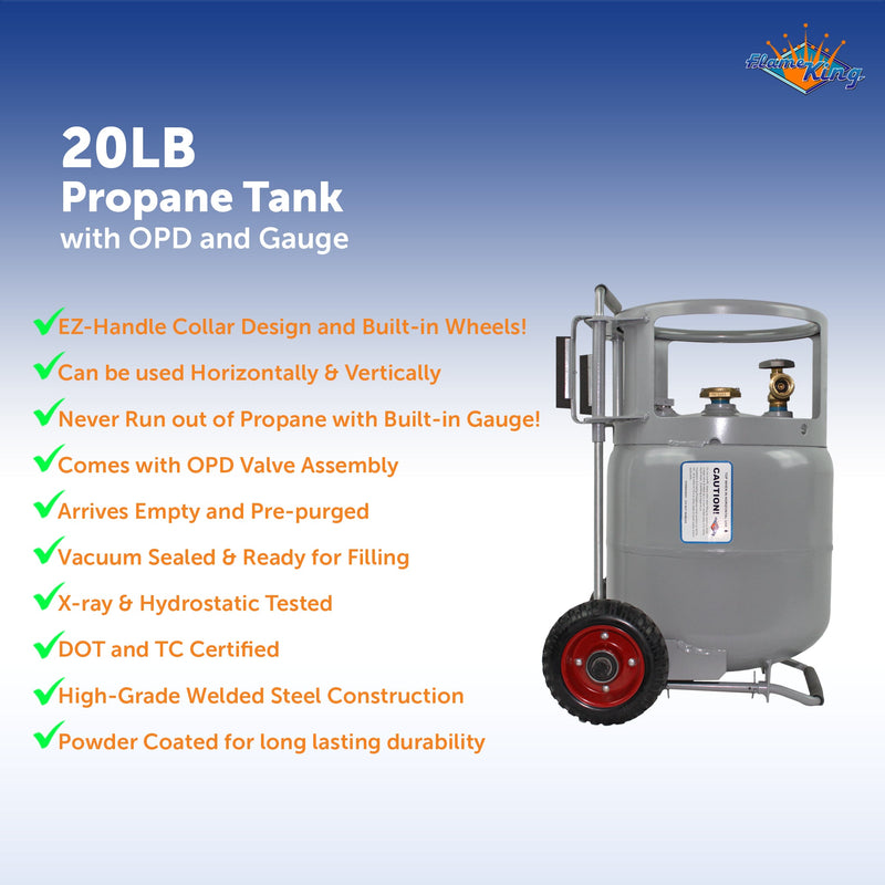 Load image into Gallery viewer, Flame King 20lb Horizontal &amp; Vertical Propane Cylinder Gauge OPD &amp; Wheels
