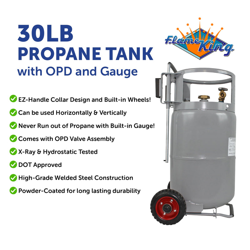 Load image into Gallery viewer, Flame King 30lb Horizontal &amp; Vertical Propane Cylinder Gauge OPD &amp; Wheels
