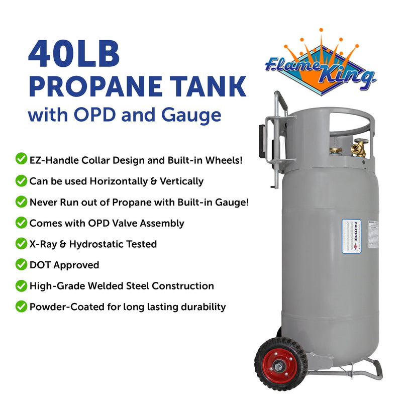 Load image into Gallery viewer, Flame King 40lb Horizontal &amp; Vertical Empty Propane Cylinder with OPD &amp; Wheels
