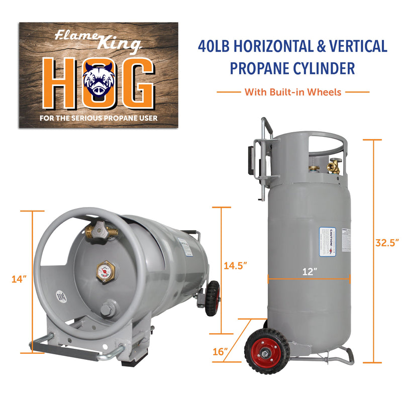 Load image into Gallery viewer, Flame King 40lb Horizontal &amp; Vertical Empty Propane Cylinder with OPD &amp; Wheels
