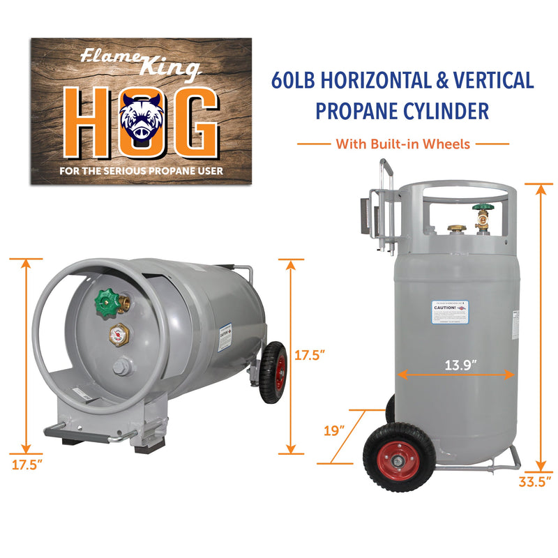Load image into Gallery viewer, Flame King 60lb Horizontal &amp; Vertical Propane Cylinder Gauge POL &amp; Wheels
