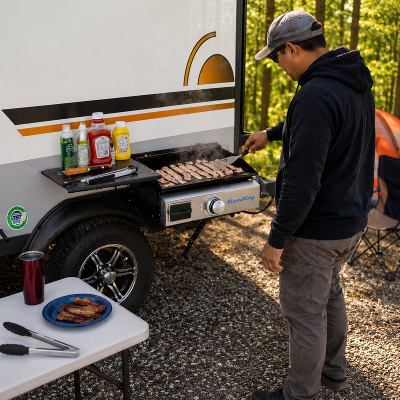 Load image into Gallery viewer, Flame King 17 inch LP Griddle with Small Regulator for RV pullout
