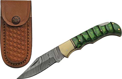 Szco Rite Edge 3" Green - Grooved Wood Damascus Lockback - Skoutley Outdoors LLC