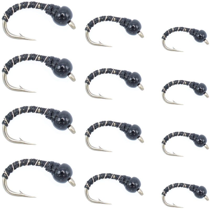 Load image into Gallery viewer, Black Zebra Midge Assortment - Black Bead Head - 1 Dozen - 4 Each of 3 Sizes 14, 16, 18 - Tailwater and Lake Fly Fishing Flies Assortment
