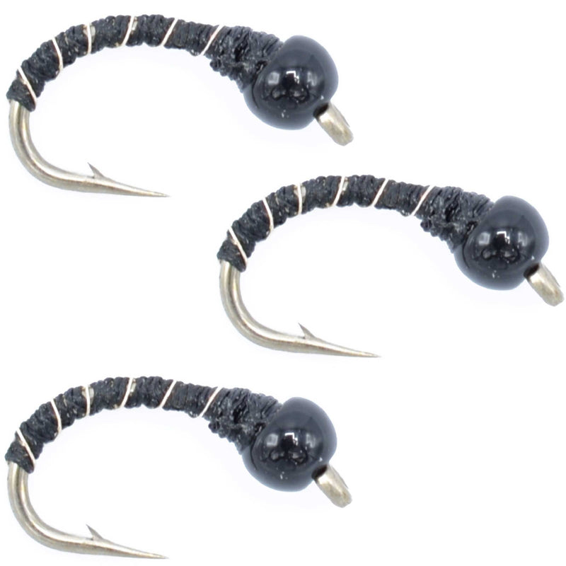 Load image into Gallery viewer, 3 Pack Bead Head Black Zebra Midge Still Water Nymph Fly Hook Size 20

