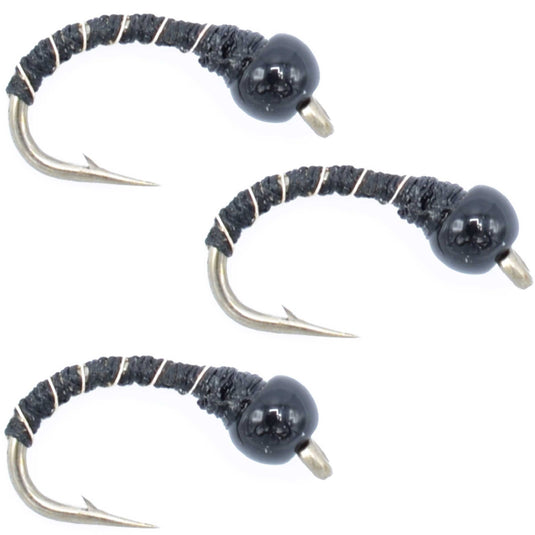 3 Pack Bead Head Black Zebra Midge Still Water Nymph Fly Hook Size 20