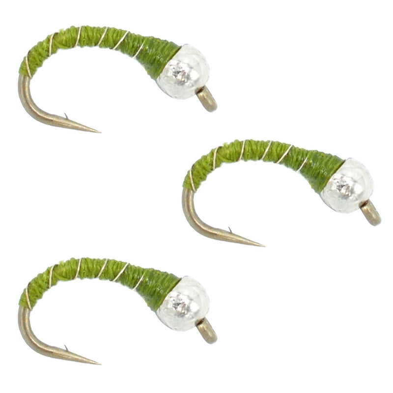 Load image into Gallery viewer, 3 Pack Bead Head Olive Zebra Midge Still Water Nymph Fly Fishing Fly Hook Size 16
