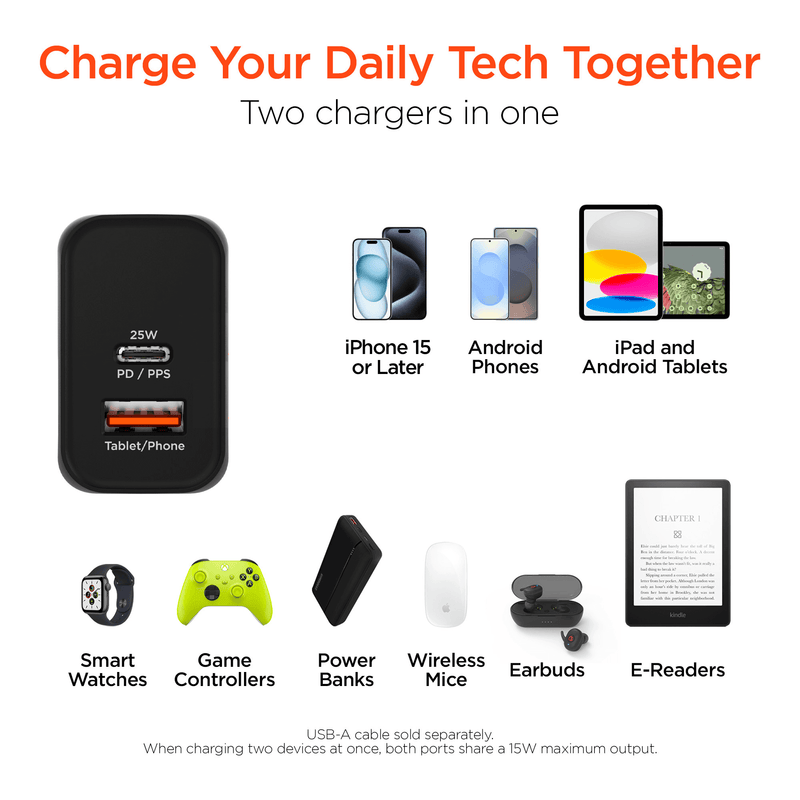 Load image into Gallery viewer, HyperGear SpeedBoost 25W USB-C PD + 12W USB Fast Wall Charger with PPS and 6ft USB-C Cable
