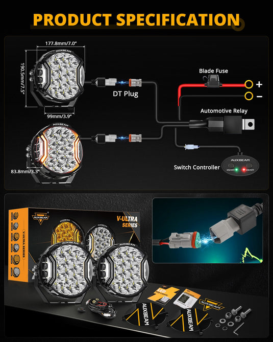 V-ULTRA Series | 7 Inch 226W LED Side Shooter White Pod Lights with Amber DRL