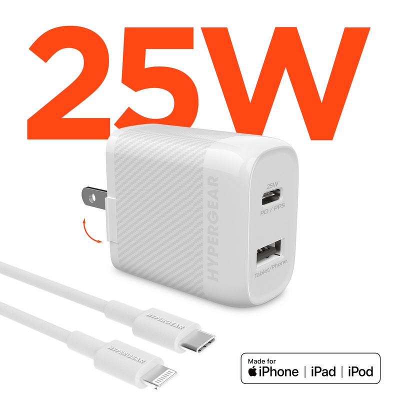 Load image into Gallery viewer, HyperGear SpeedBoost 25W USB-C PD + 12W USB Fast Wall Charger with PPS and 6ft MFi Lightning Cable
