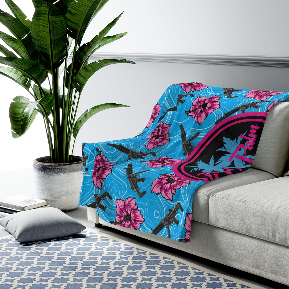 Rad Palm High Capacity Hibiscus Blue Velveteen Plush Blanket