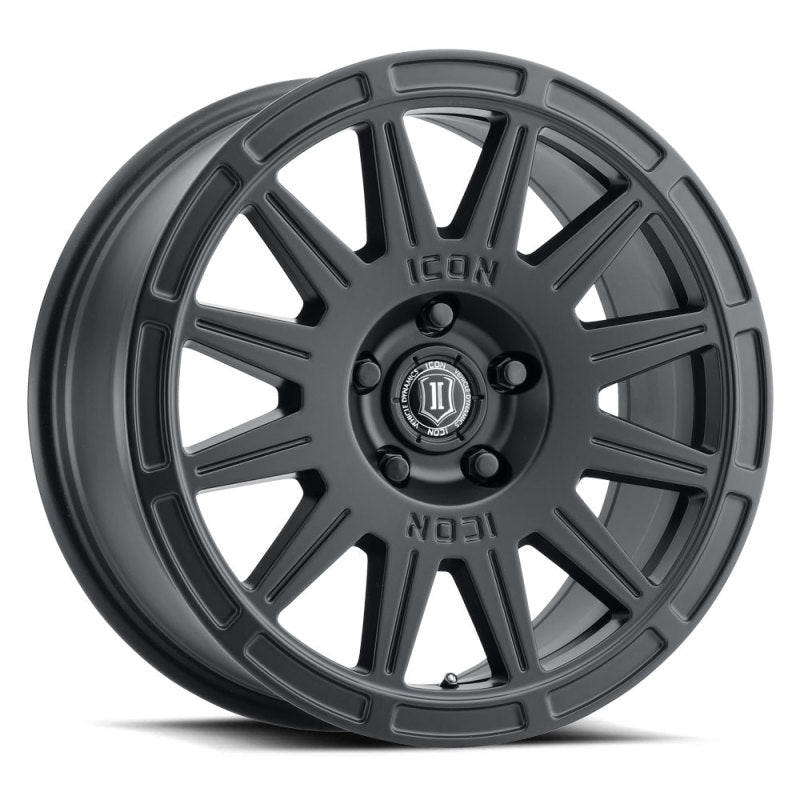 Load image into Gallery viewer, ICON Ricochet 17x8 5x4.5 38mm Offset 6in BS Satin Black Wheel
