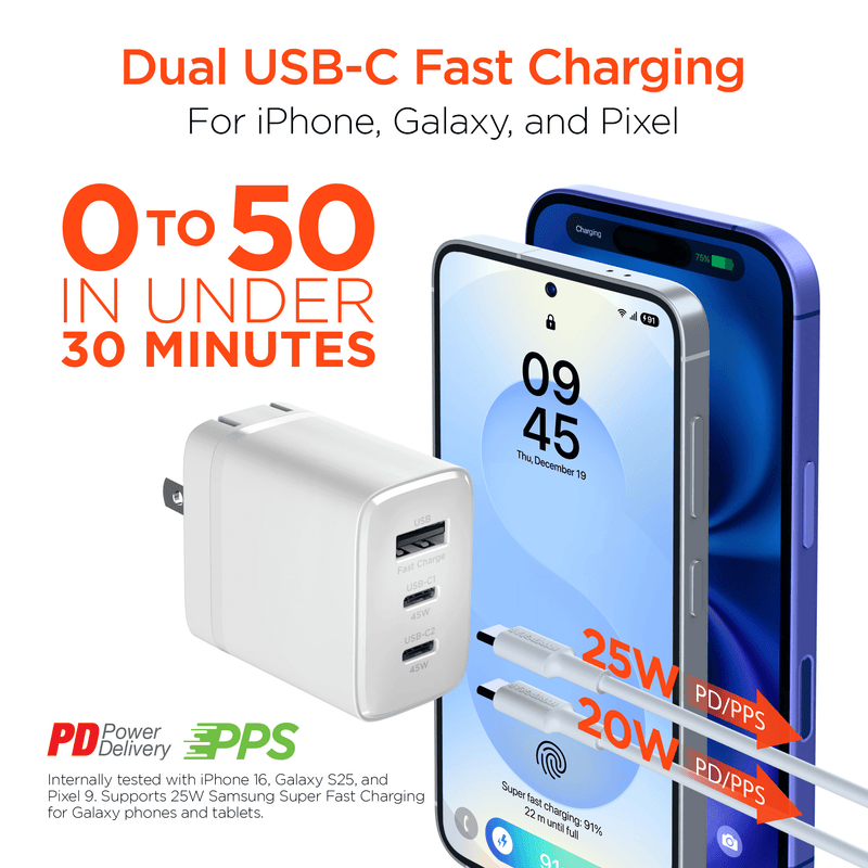 Load image into Gallery viewer, HyperGear SpeedBoost 45W USB-C PD Tri-Port GaN Fast Wall Charger with PPS and 6ft USB-C Cable
