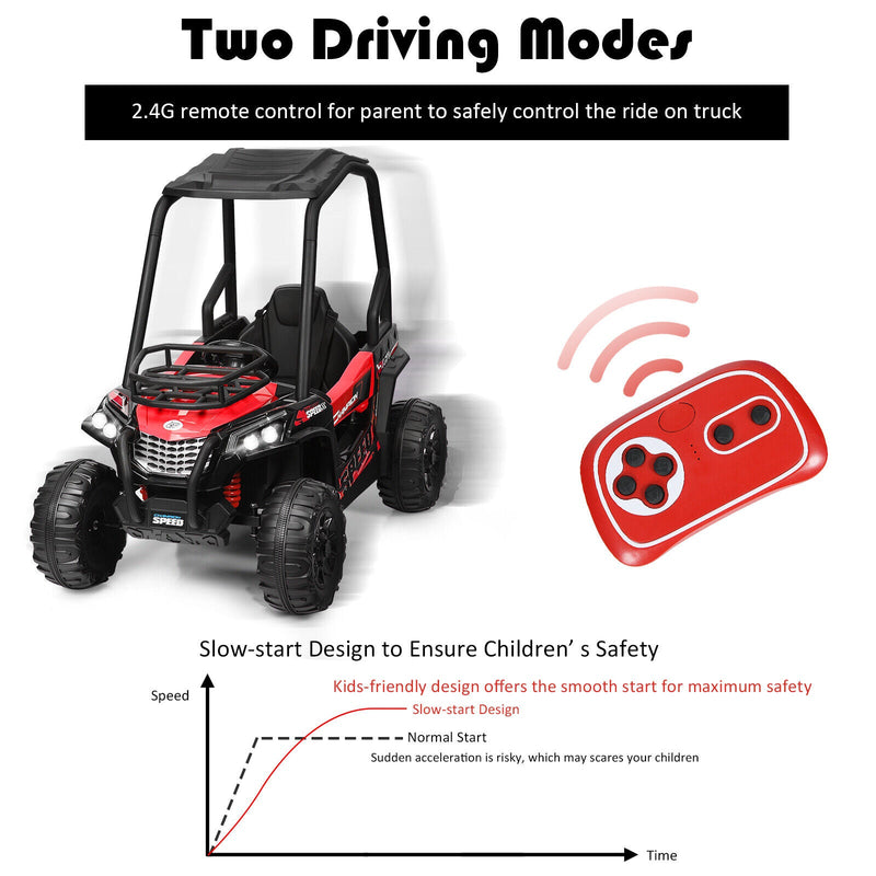 Load image into Gallery viewer, Adventure-Ready 12V Off-Road UTV Truck for Kids with RC Control, MP3 Player, and Lights - Red
