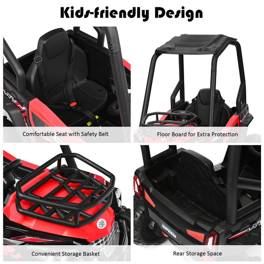 Adventure-Ready 12V Off-Road UTV Truck for Kids with RC Control, MP3 Player, and Lights - Red