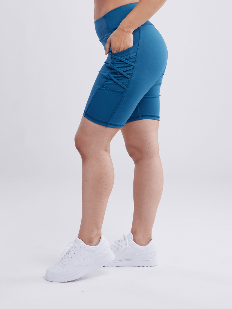 Load image into Gallery viewer, JupiterGear High-Waisted Workout Shorts with Pockets &amp; Criss Cross Design
