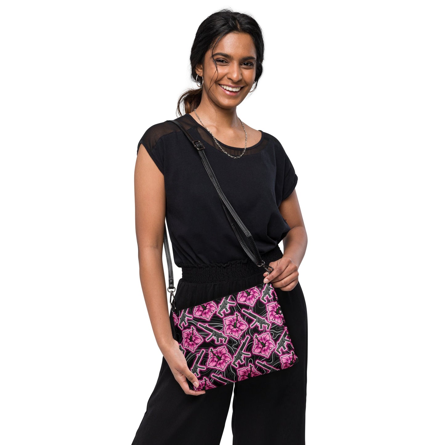 High Capacity Hibiscus Black Neon Crossbody Bag