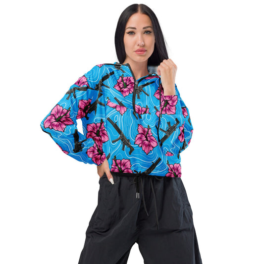 Rad Palm High Capacity Hibiscus Blue Women’s Cropped Windbreaker