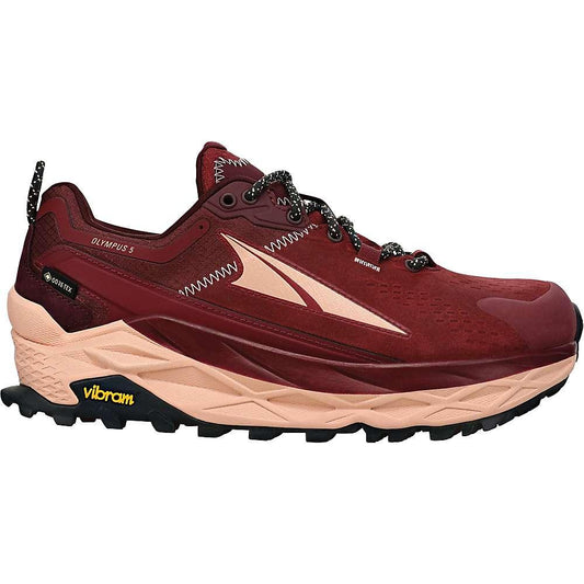Women's Altra Olympus 5 Hike Low GTX, Maroon, 6 B Medium - Skoutley Outdoors LLC