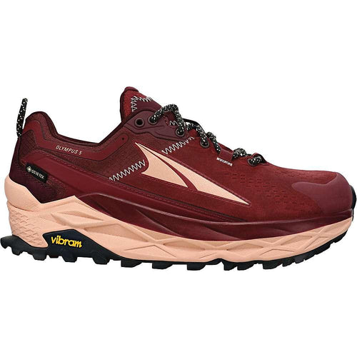Women's Altra Olympus 5 Hike Low GTX, Maroon, 6 B Medium - Skoutley Outdoors LLC