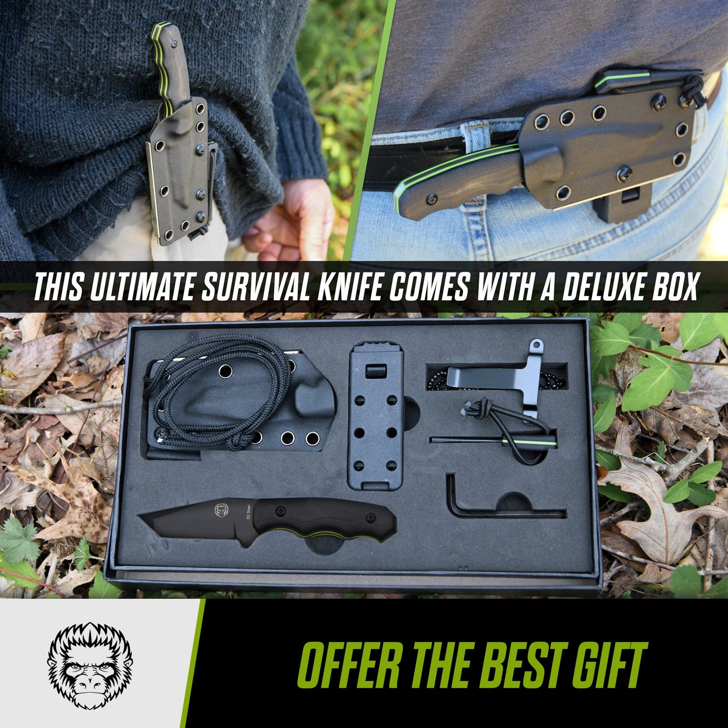 The Wakizashi Survival Neck Knife Giftset for Outdoors (Black Blade + Green Liner)