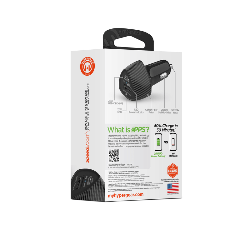 Load image into Gallery viewer, HyperGear SpeedBoost 25W USB-C PD + 12W USB Fast Car Charger with PPS

