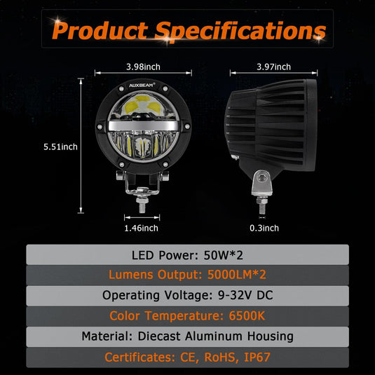 C4 Series | 4 Inch 100W Round Offroad LED Driving Lights Combo Beam