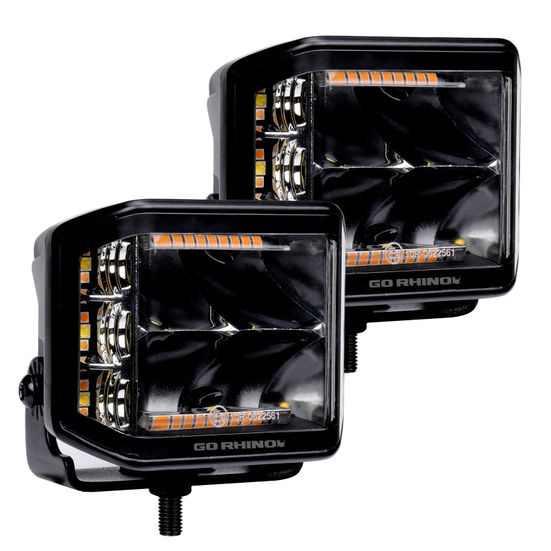Load image into Gallery viewer, Go Rhino Xplor Blackout Combo Series Cube Sideline LED Spot Lights w/ Amber 4x3 - Blk (Pair)

