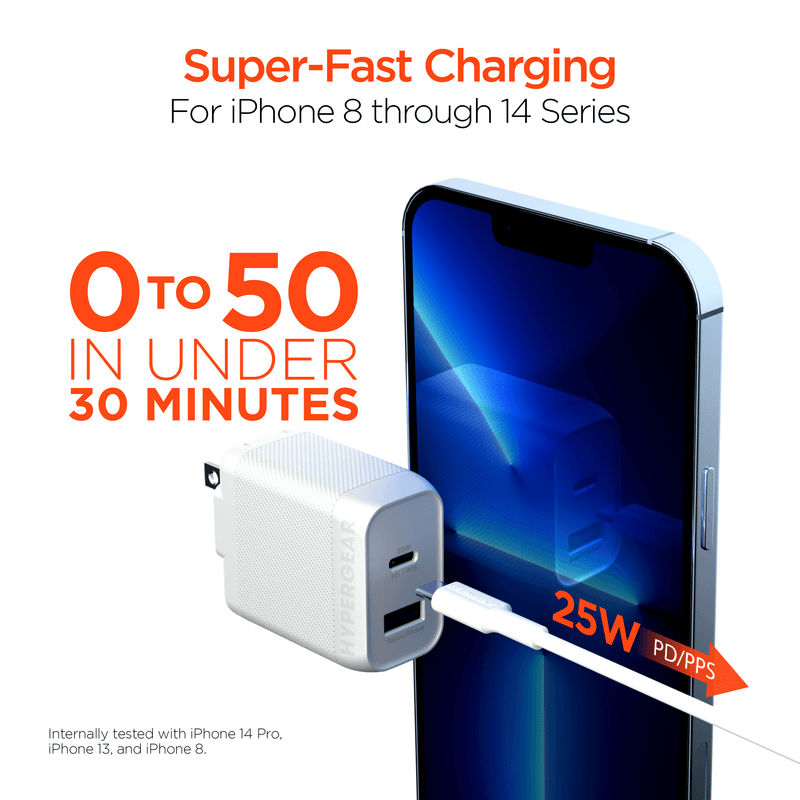 Load image into Gallery viewer, HyperGear SpeedBoost 25W USB-C PD + 12W USB Fast Wall Charger with PPS and 6ft MFi Lightning Cable
