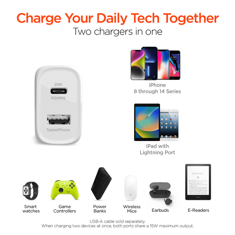 Load image into Gallery viewer, HyperGear SpeedBoost 25W USB-C PD + 12W USB Fast Wall Charger with PPS and 6ft MFi Lightning Cable
