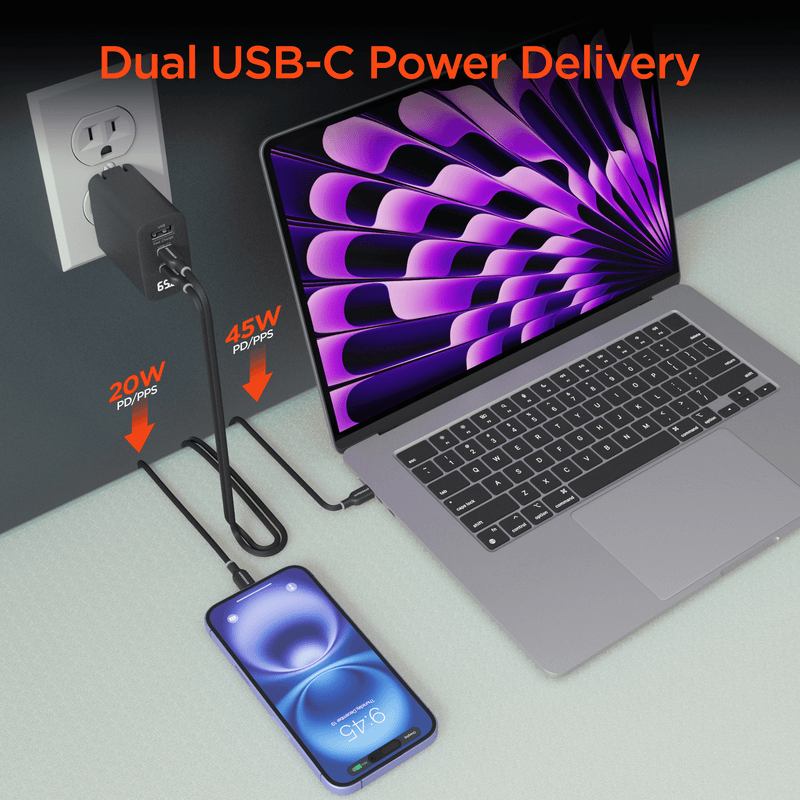 Load image into Gallery viewer, HyperGear SpeedBoost 65W USB-C PD Tri-Port GaN Laptop Charger with PPS and Digital Display
