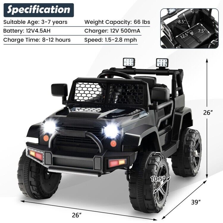 Load image into Gallery viewer, Black 12V Kids Ride On Truck with Remote Control, Music, and Lights
