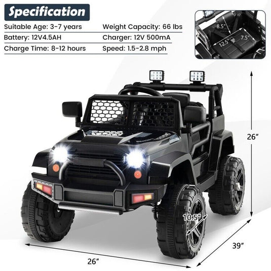 Black 12V Kids Ride On Truck with Remote Control, Music, and Lights