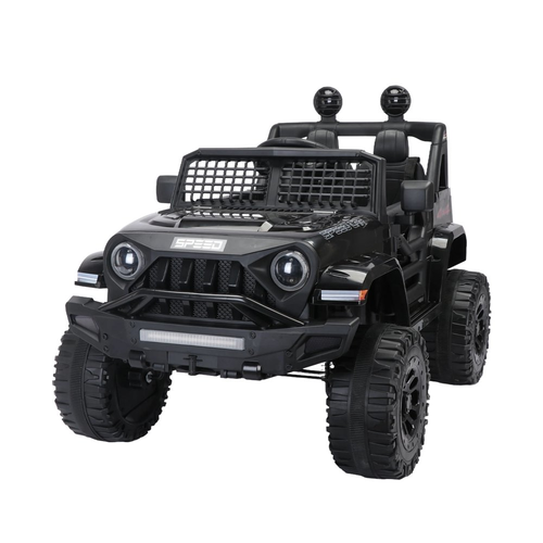 Black 12V Ride-On Truck for Kids with Remote Control, LED Lights, and Safety Belt