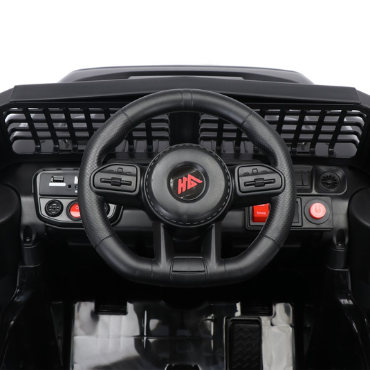Black 12V Ride-On Truck for Kids with Remote Control, LED Lights, and Safety Belt