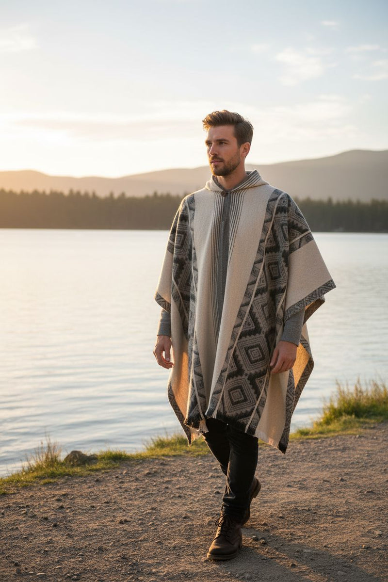 Load image into Gallery viewer, Black Grey Diamonds Alpaca Poncho
