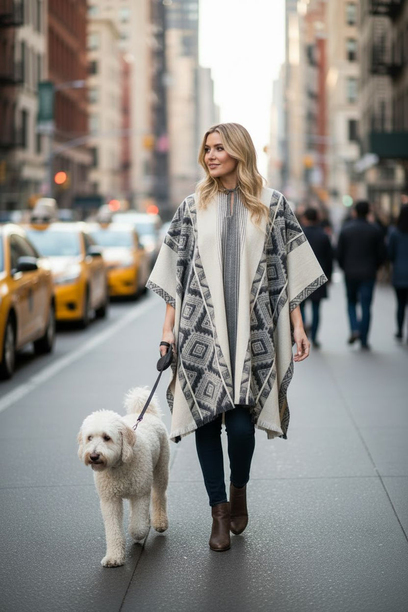 Load image into Gallery viewer, Black Grey Diamonds Alpaca Poncho
